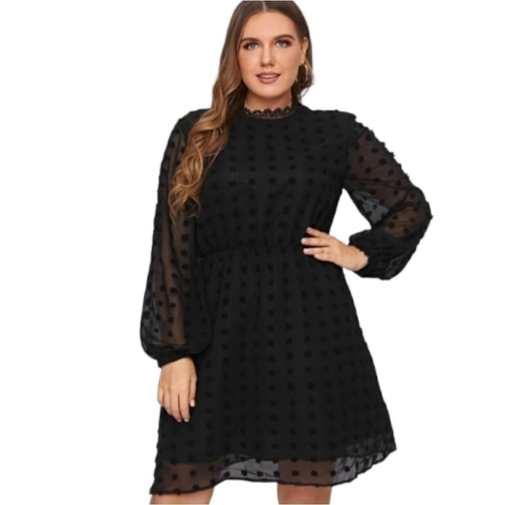 NEW black dress swiss dot bishop sleeve a-line‎ high neck cocktail 1XL